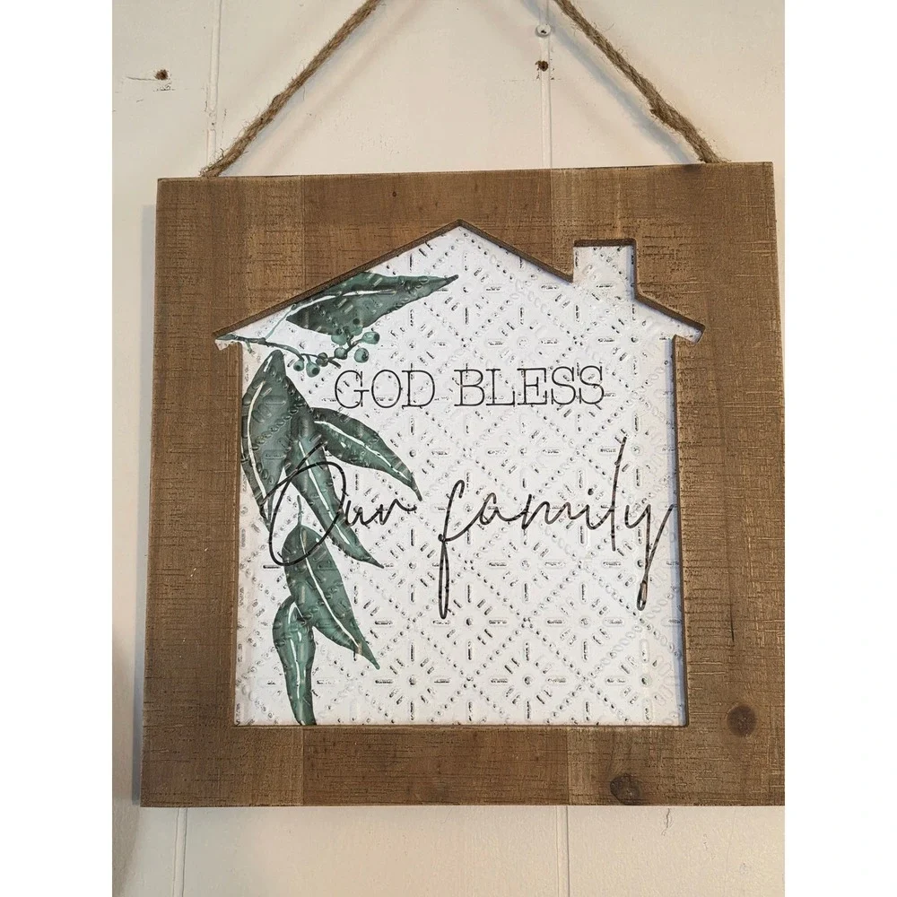 God Bless Our Family Rustic Wood Metal House Wall Decor Farmhouse Sign Jute Rope